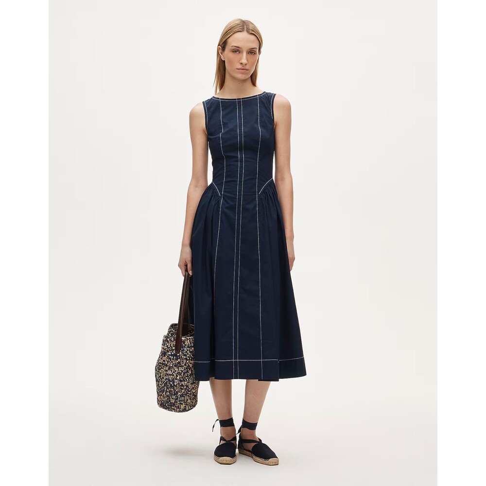 J.CREW Contrast-Stitch Midi Dress 4 Navy Blue Cotton Blend Poplin NWT B49